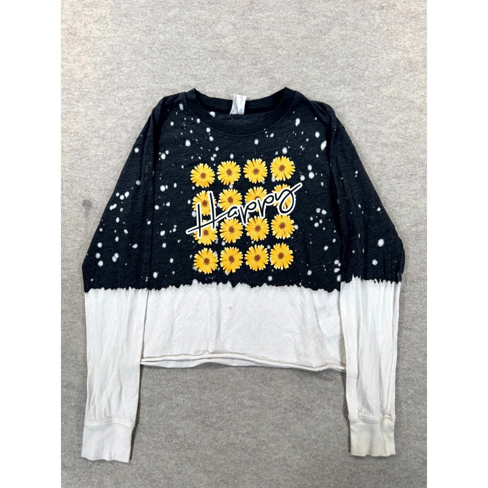 No Boundaries Happy Floral Top Womens S (3-5) Heather Black White Graphic Cotton